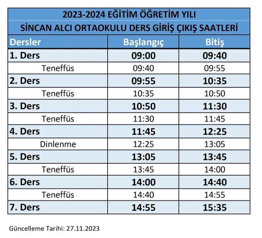 Alcı ortaokulu zaman çizelgesi